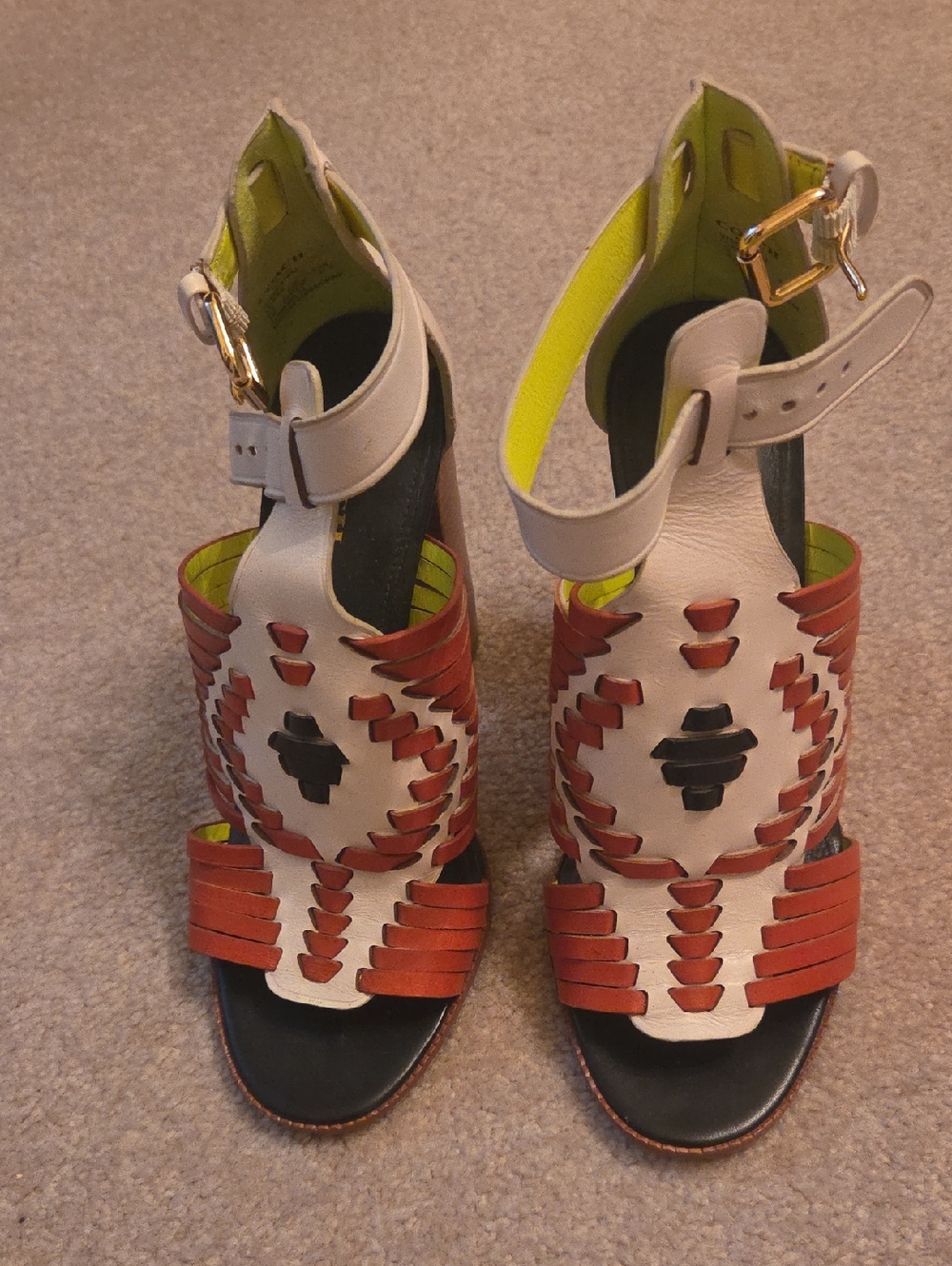 Coach White and Rust Woven Leather Platform Heels with Neon Lime Lining